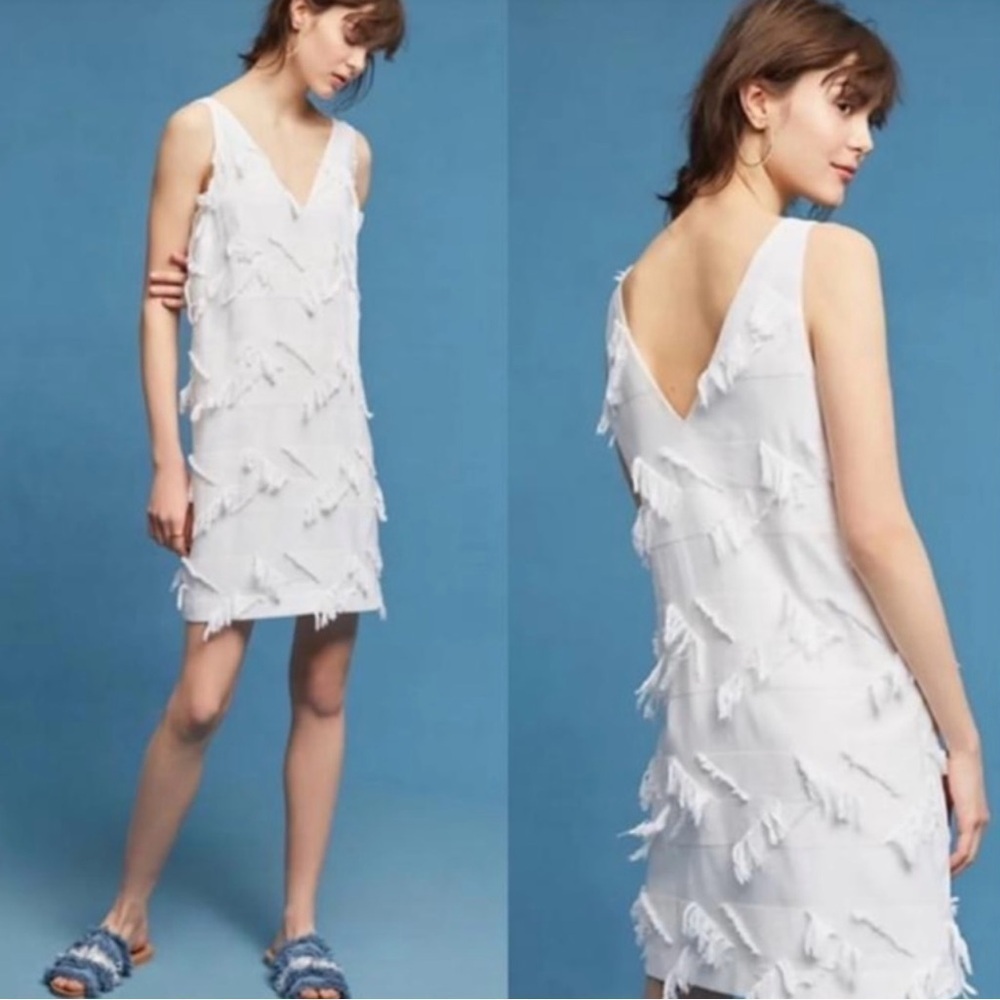 Maeve | Anthropologie white sleeveless fringe v neck sheath mini dress size 0P